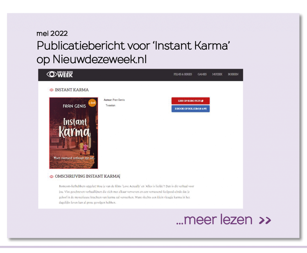 Publicatiebericht voor Instant Karma van Fran Genis - auteur van spiritueel getinte feelgoodboeken (fictie)
